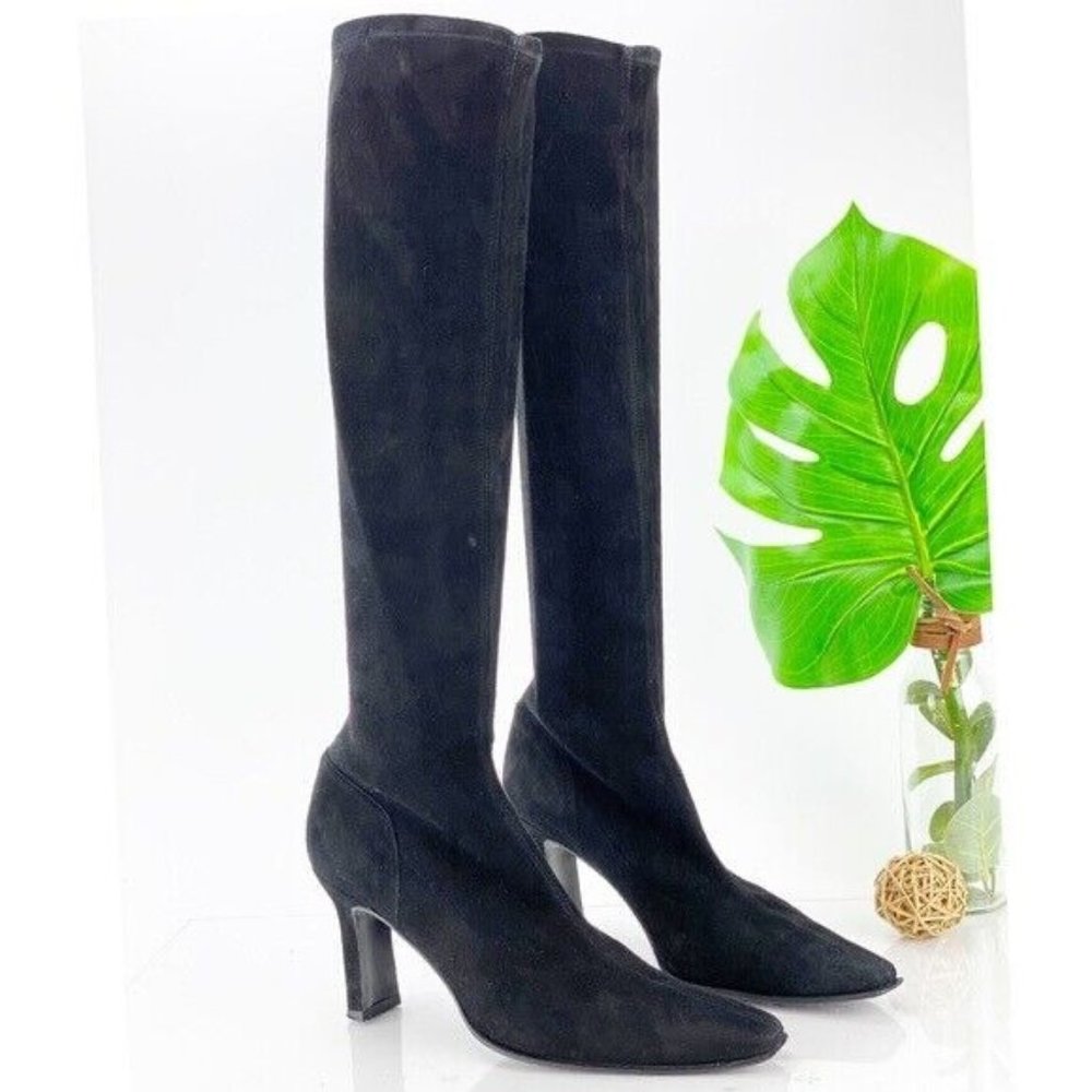 Stuart Weitzman Women's Fashion Boot Size 9.5 AA PullOn Stretch Black Suede Heel